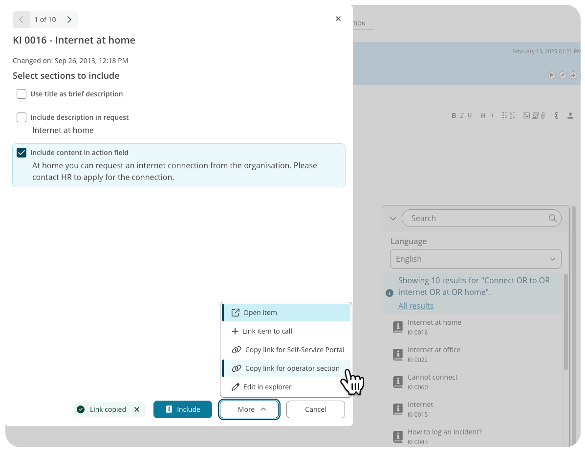 'Copy link to operator section' in Knowledge Item suggestions widget.