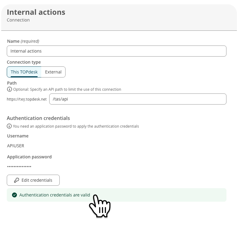 Connections card for internal actions