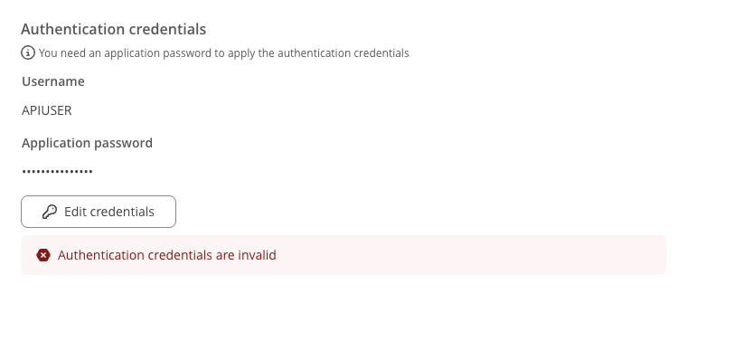 Notification on Connection card showing that credentials are invalid