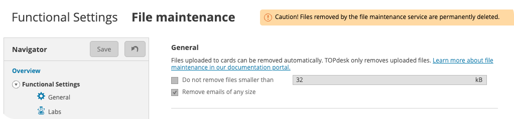 File maintenance settings with more links to documentation