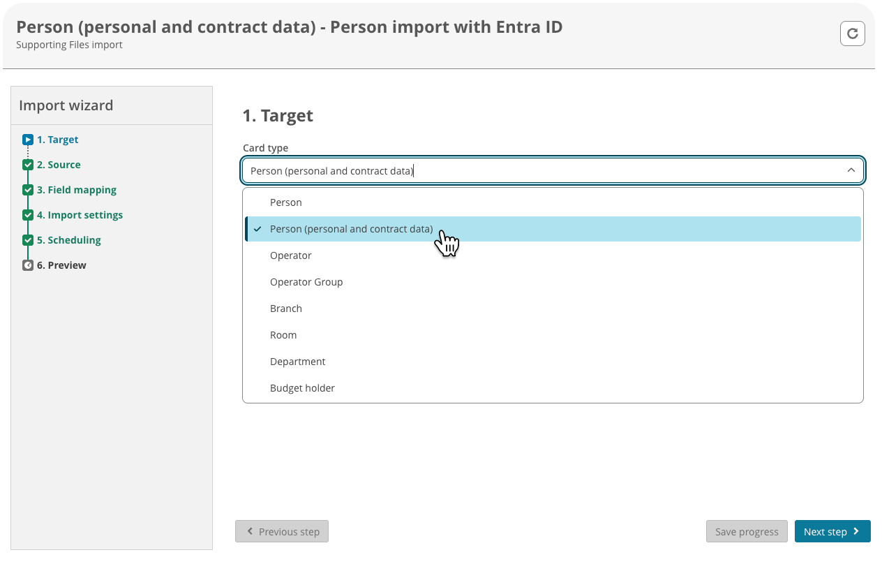 Card type 'Person (personal and contract data) in step 1 of import wizard.