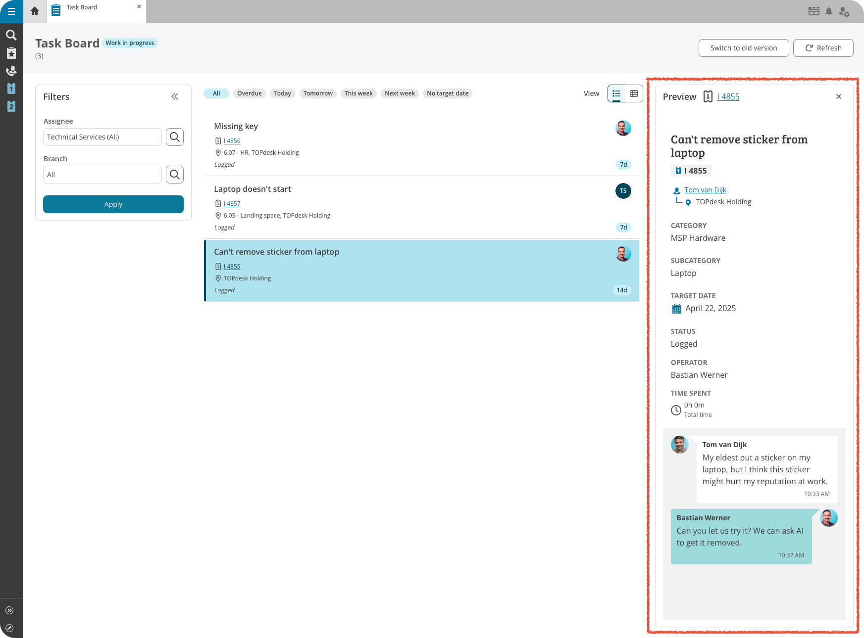 New Task Board, including the new preview panel displaying details of a task