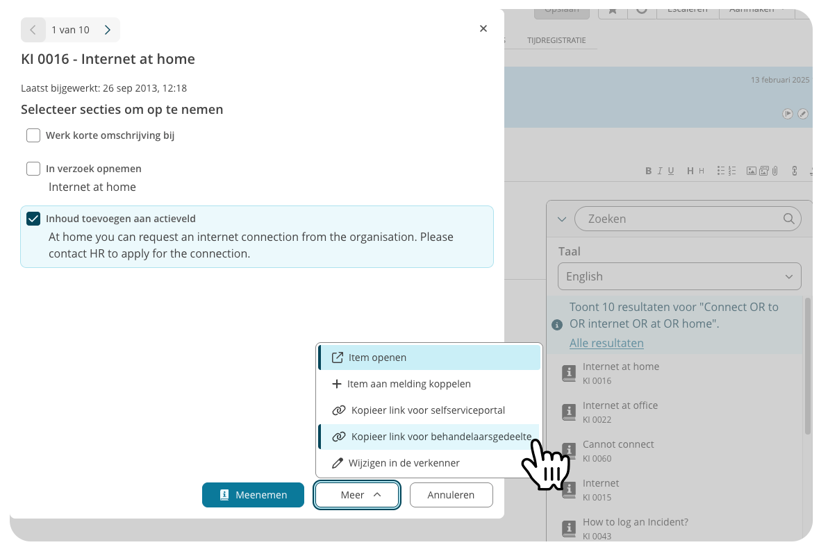 'Copy link to operator section' in Knowledge Item suggestions widget.