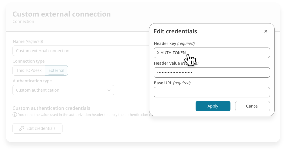 Instellen van credentials, met aanpasbare header key, voor een Verbinding.