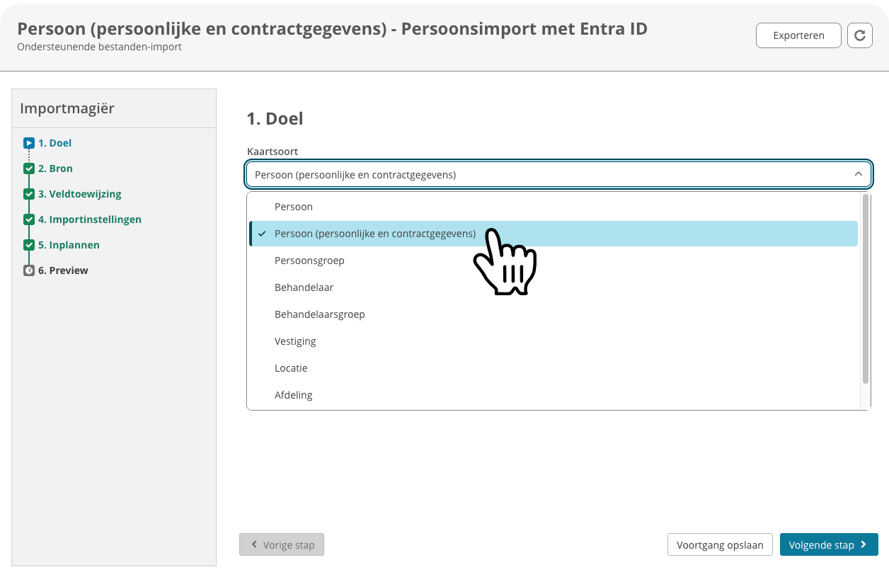 Import voor persoonlijke informatie in stap 1 van de import.
