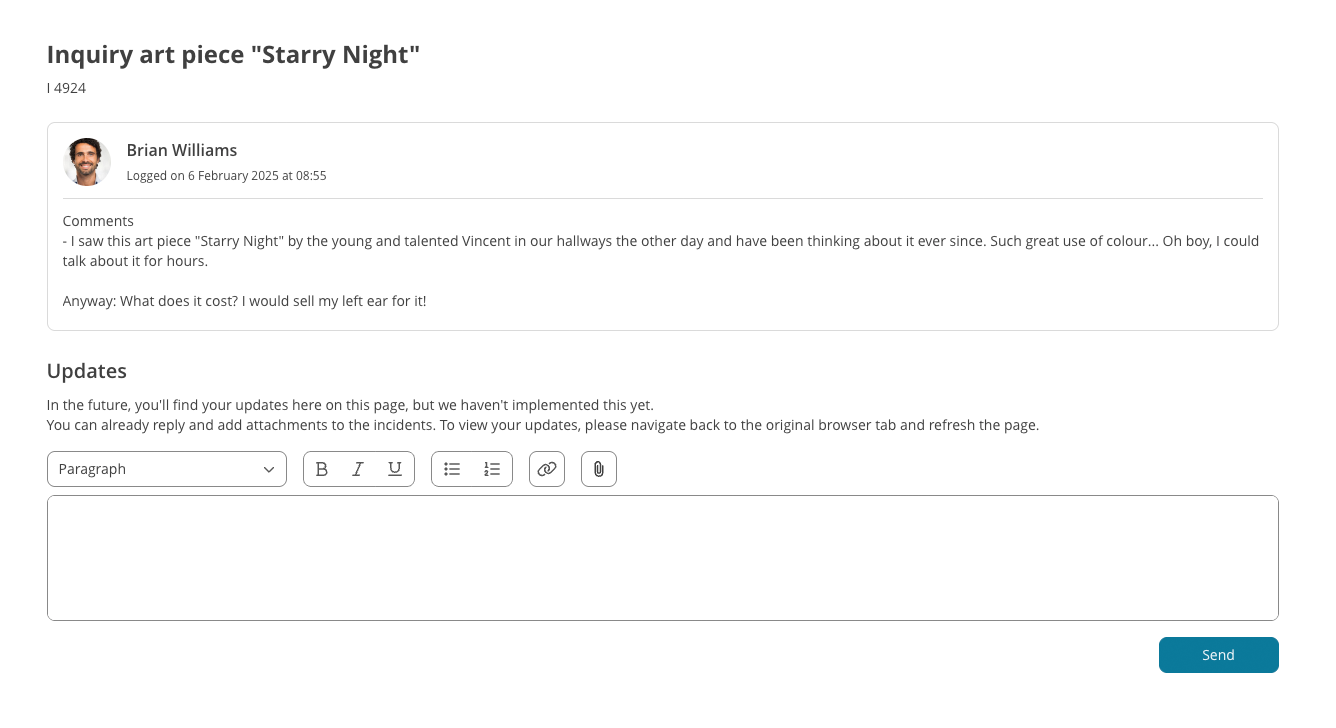 New SSP incident card, showing brief description, request, actions, and rich text options.
