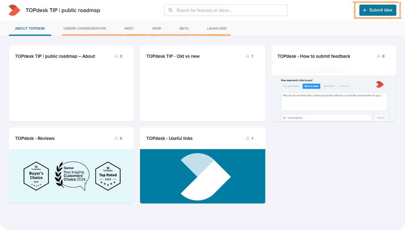 Overzichtspagina van het nieuwe TOPdesk Innovation Platform (TIP).